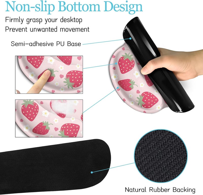 LIMKRIAN Strawberry Mouse Pad Desk Mat Set, Pink Ergonomic Mouse Pad with Wrist Rest, Large Gaming Mousepad Wrist Support Keyboard Mat Cup Coaster Set, Cute Office Desk Decor Accessories Supplies - Image 5